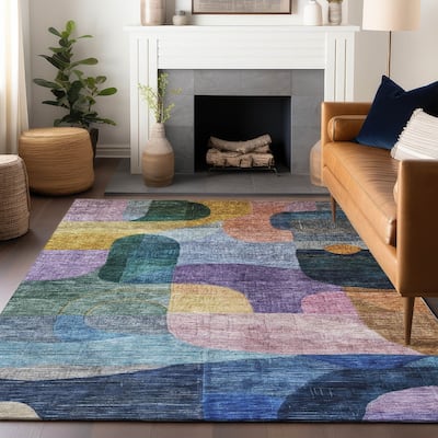 Machine Washable Indoor/ Outdoor Abstract Contemporary Chantille Rug