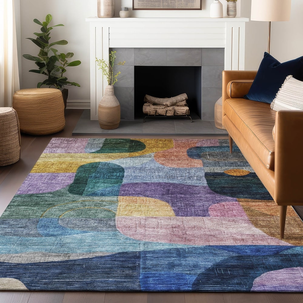 Machine Washable Indoor/ Outdoor Abstract Contemporary Chantille Rug