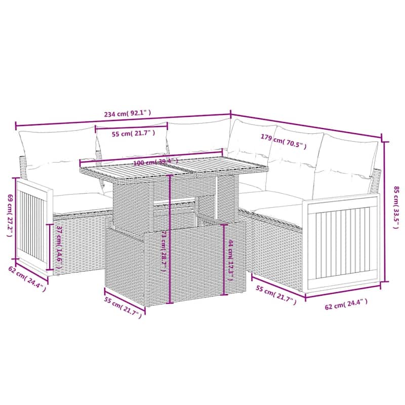 vidaXL Patio Sofa Set with Cushions Outdoor Furniture 6 Piece Poly Rattan - 21.7 x 39.4 x 28.7 in