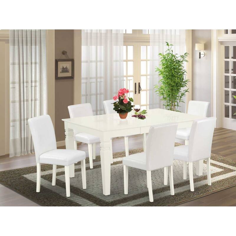 Victorian Dinette Set 7 Piece - Rectangle Table w/ Butterfly Leaf & 6 Dining Chairs - Linen White