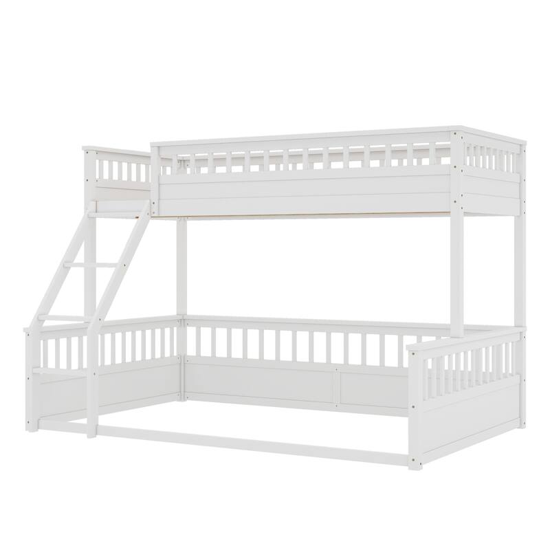 Roomfitters Twin XL over Queen Bunk Bed with Ladder and Safety Guardrails, Space-Saving Wood Frame, White