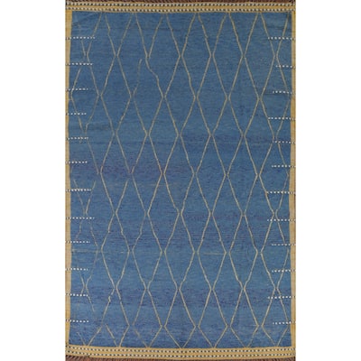 All-Over Trellis Blue Moroccan Area Rug Handmade Wool Carpet - 8'11"x 12'10"