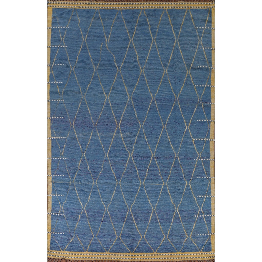 All-Over Trellis Blue Moroccan Area Rug Handmade Wool Carpet - 8'11"x 12'10"