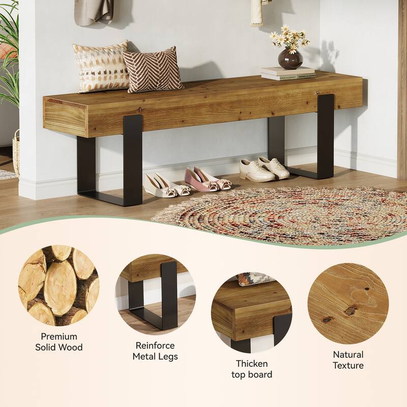 63" Solid Wood Entryway Bench with Metal Legs, Farmhouse