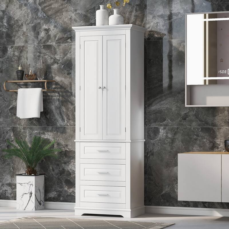 Tall Storage Cabinet with 3 Drawers, Bathroom & Office Organizer with Adjustable Shelves