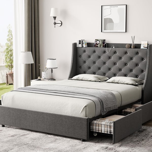 Platform Bed Frame with Upholstered Headboard,USB Port and 4 Drawers