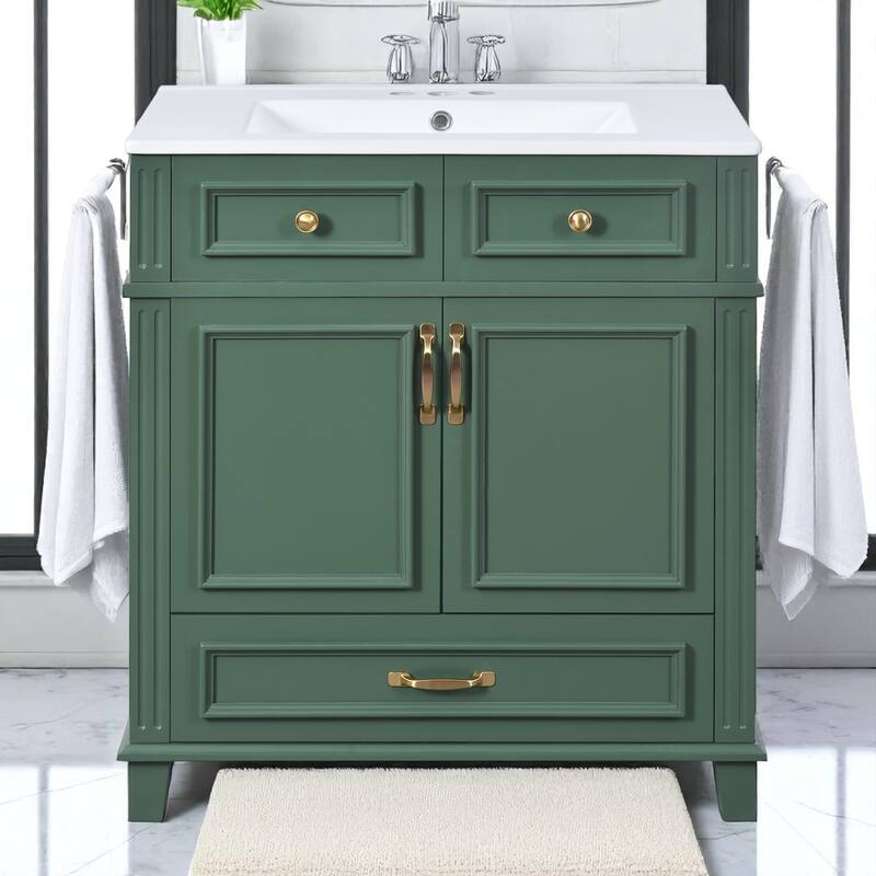 30"Bathroom Vanity with Sink - Solid Wood Frame, Ceramic Basin, Soft-Close Doors,Modern Retro Style with Drawer Storage Cabinet