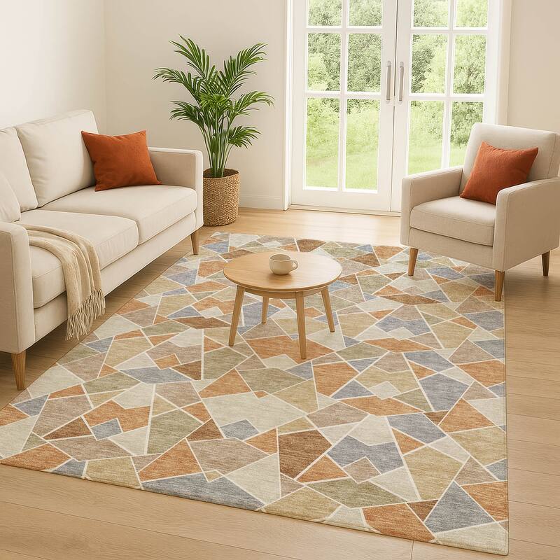 Machine Washable Indoor/ Outdoor Modern Mosaic Chantille Rug