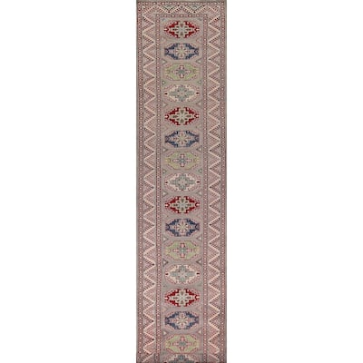All-Over Gray Kazak Oriental Runner Rug Hand-Knotted Wool Carpet - 2'8" x 20'0"