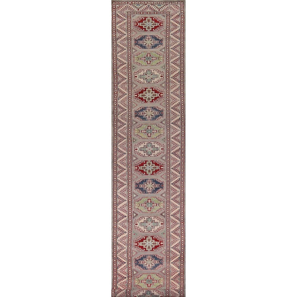 All-Over Gray Kazak Oriental Runner Rug Hand-Knotted Wool Carpet - 2'8" x 20'0"
