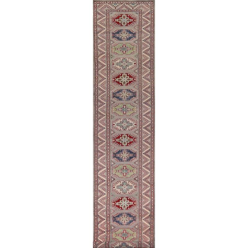 All-Over Gray Kazak Oriental Runner Rug Hand-Knotted Wool Carpet - 2'8" x 20'0"