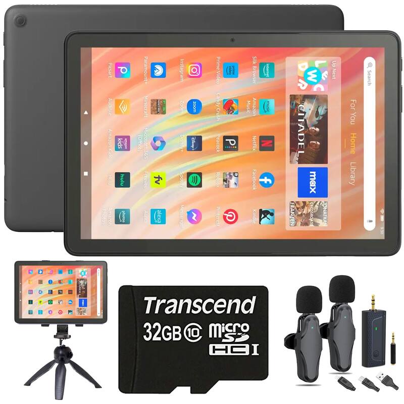Amazon Fire HD 10 32GB 10.1" Tablet - 13th Gen (Black) + Recording Set for Podcasters and Youtubers - Black