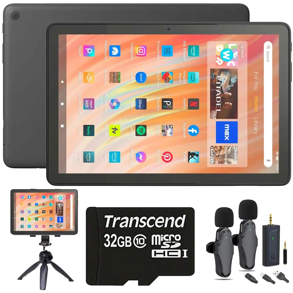 Amazon Fire HD 10 32GB 10.1" Tablet - 13th Gen (Black) + Recording Set for Podcasters and Youtubers