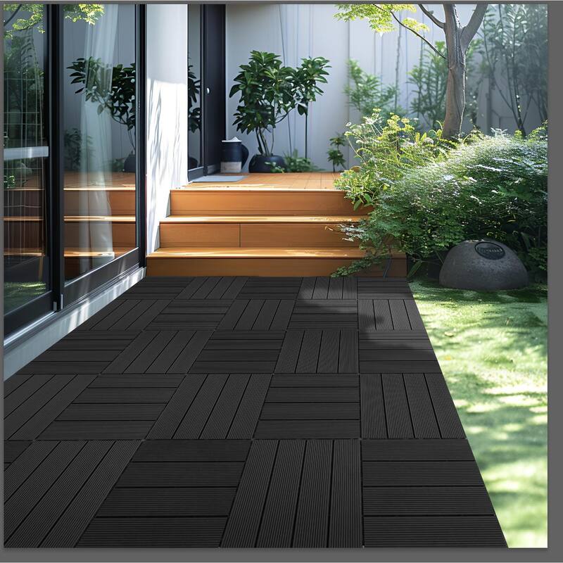 9 PCS heavy-duty & recyclable Wood-Plastic Interlocking Deck Tiles 11.8" x 11 Black