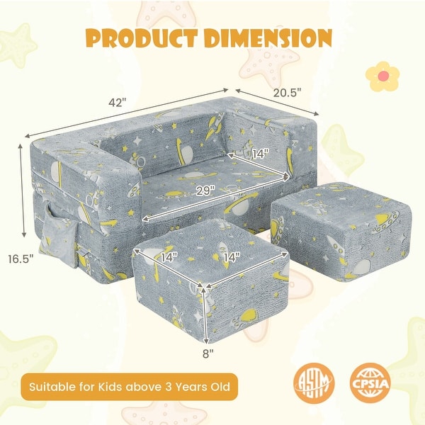 Grey Kids Play Sofa with Ottoman and Removable Machine Washable Cover - 42" x 20.5" x 16.5" (L x W x H)