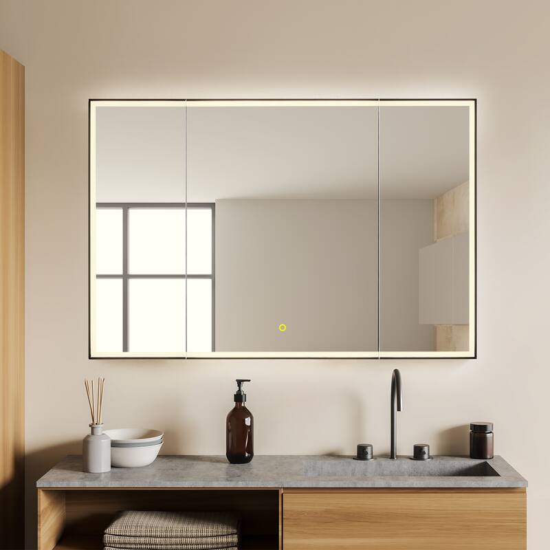 Fenice Rectangular Surface-Mount/Reccessed LED Lighted Bathroom Black Aluminum Mirror Medicine Cabinet - 48" x 32"