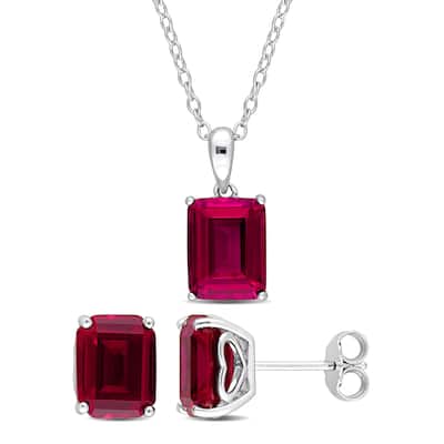 Miadora 9 3/4ct TGW Emerald-Cut & Octagon Created Ruby Necklace & Earrings Set Sterling Silver