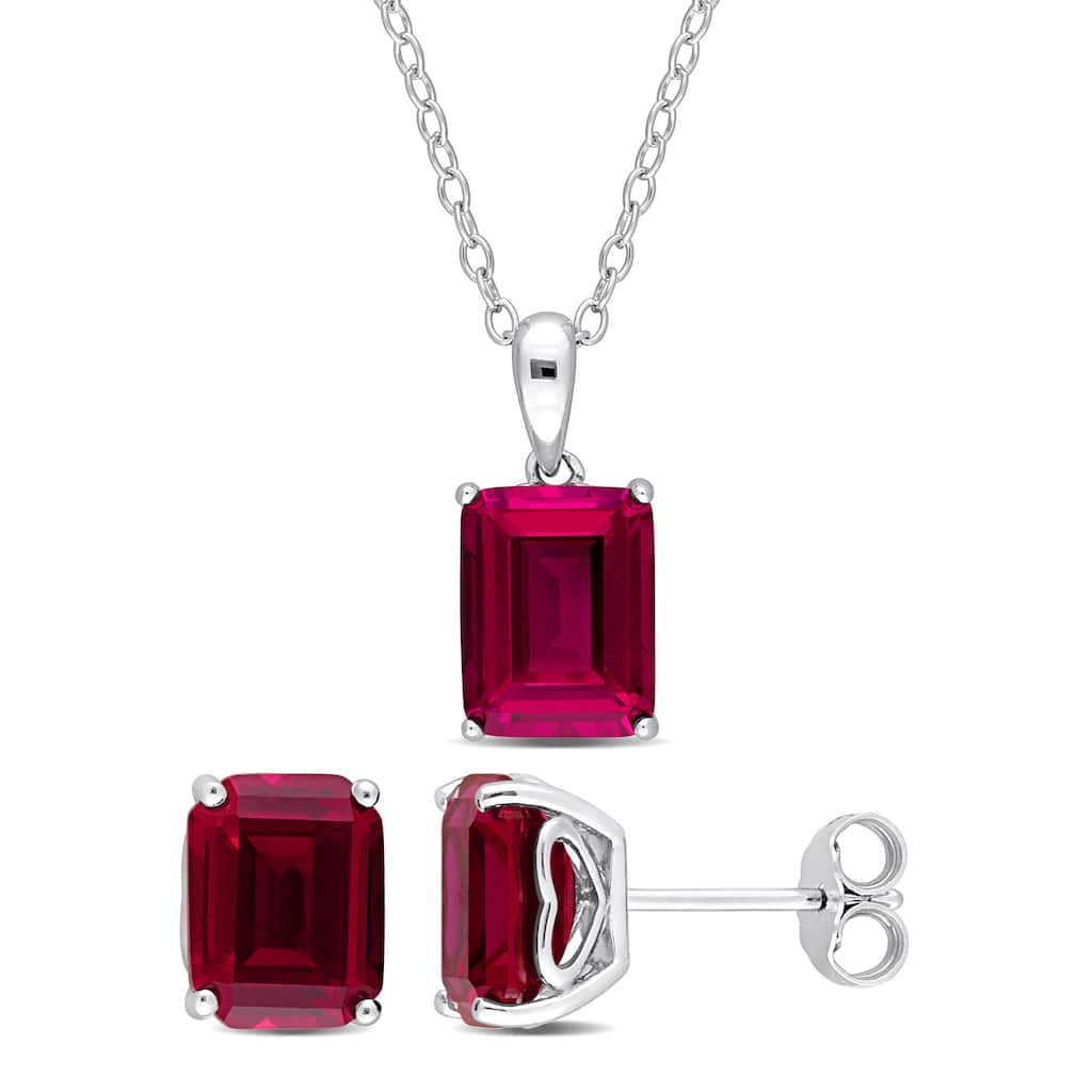 Miadora 9 3/4ct TGW Emerald-Cut & Octagon Created Ruby Necklace & Earrings Set Sterling Silver