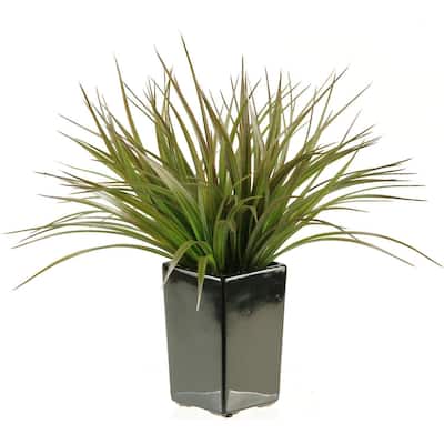 HomeStock Brown/Green Grass in Square Black Ceramic Planter - Two-Tone Faux Grass for Stylish Interiors - 15