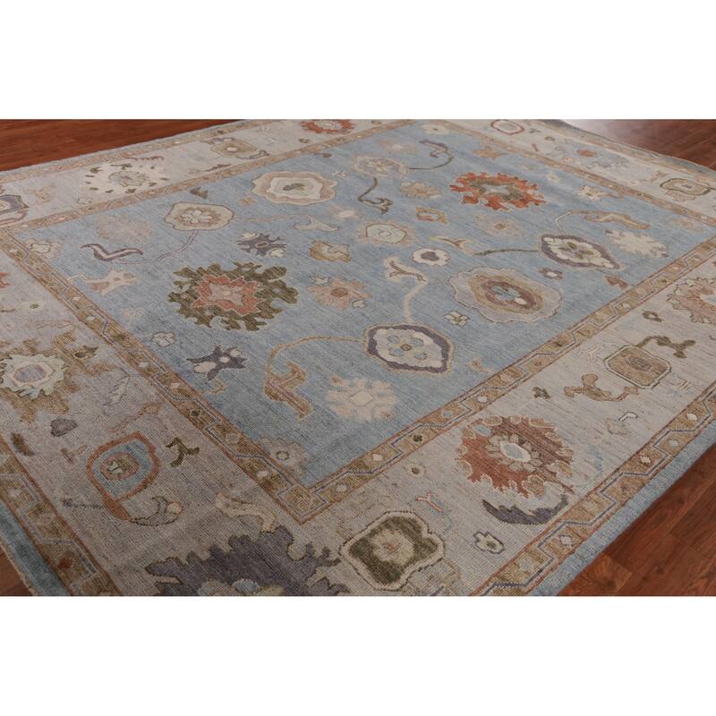Hand Knotted Oriental 100% Wool Carpet Transitional All-Over Navy Blue & Blues Oushak Area Rug - 9' 11'' X 8' 0''