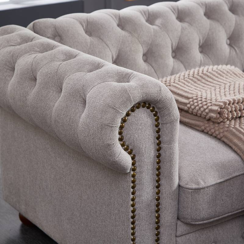 Light Grey Linen Fabric Chesterfield Sofa, 88x37x28 inches