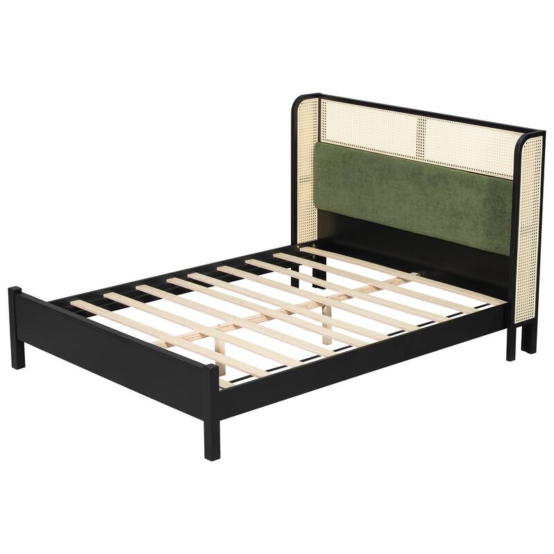 Christopher Knight Home - Mid-Century Upholstered Wood Low-Profile Platform Bed with Rattan Weaving Headboard