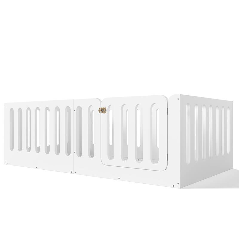 Toddlers Montessori Floor Bed with High Fence, Door, Low Profile Platform Bed Frame for Kids with No Box Spring Needed, No Slats