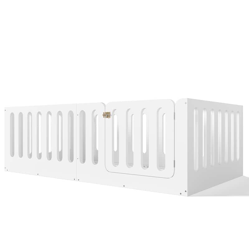 Twin Size Floor Bed with High Fence for Kids, Solid Wood Kids Montessori Bed with Door, No Box Spring Needed Design