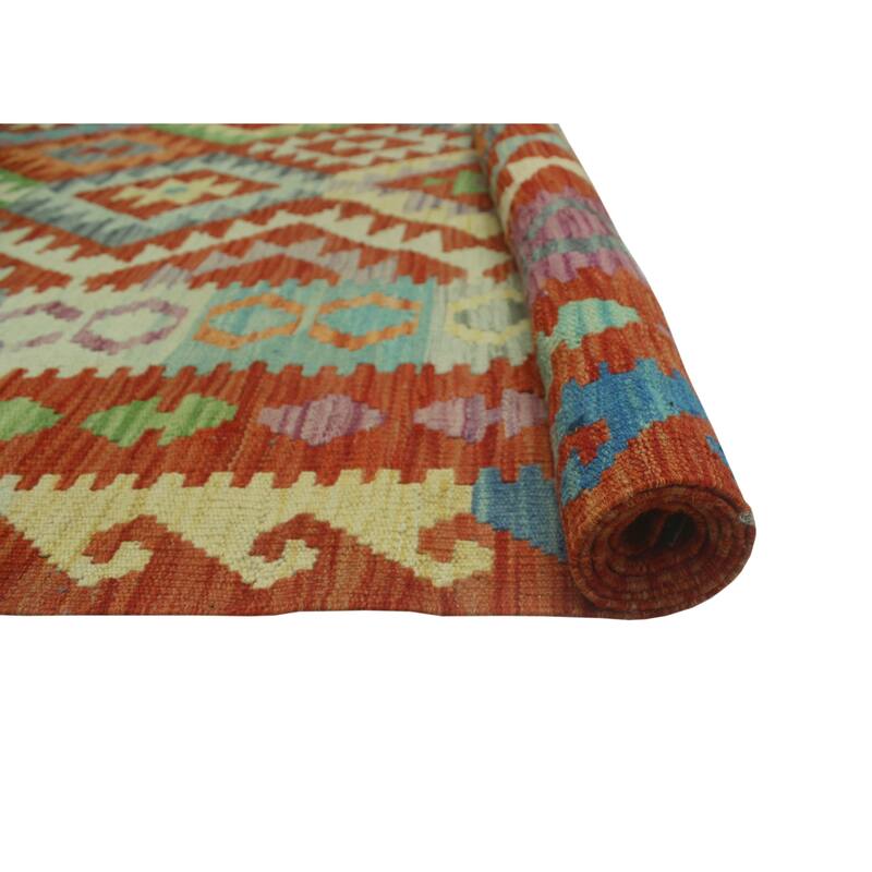 Hand-Woven Sangat Kilim Nobu Rust/Green Rug - 6'6" x 9'7"