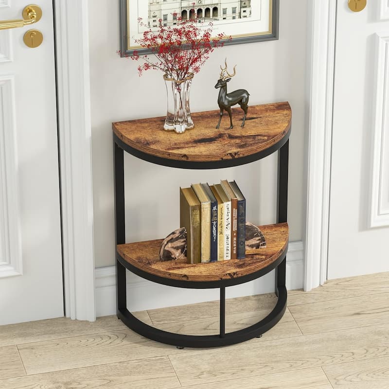 Half Round End Table with Storage, Small Wood Side Table for Living Room
