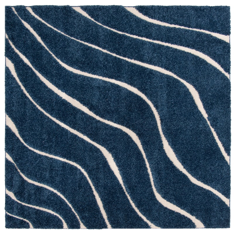 SAFAVIEH Florida Shag Borbala Soft Serene Waves 1.2-inch Thick - 5' Square - Dark Blue/Cream