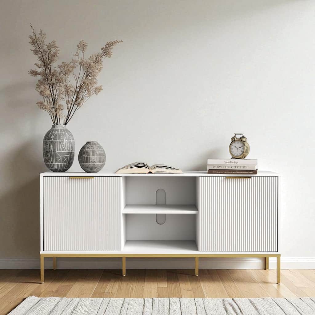47.2" Modern TV Stand with Wave-Design Doors, Open Shelf, Adjustable Shelf & Gold Metal Legs, Fits TVs up to 69"
