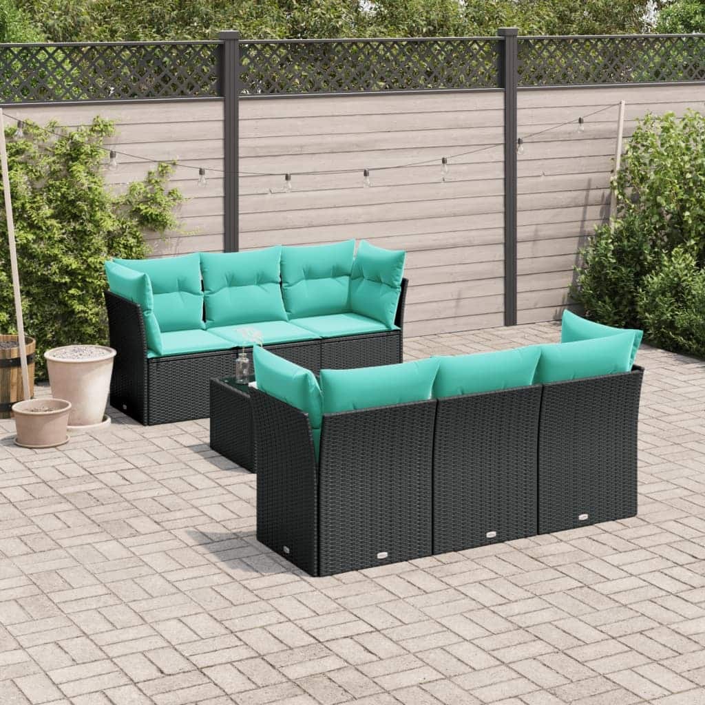 vidaXL 7 Piece Patio Sofa Set with Cushions Black Poly Rattan - 24.4 x 24.4 x 27.2