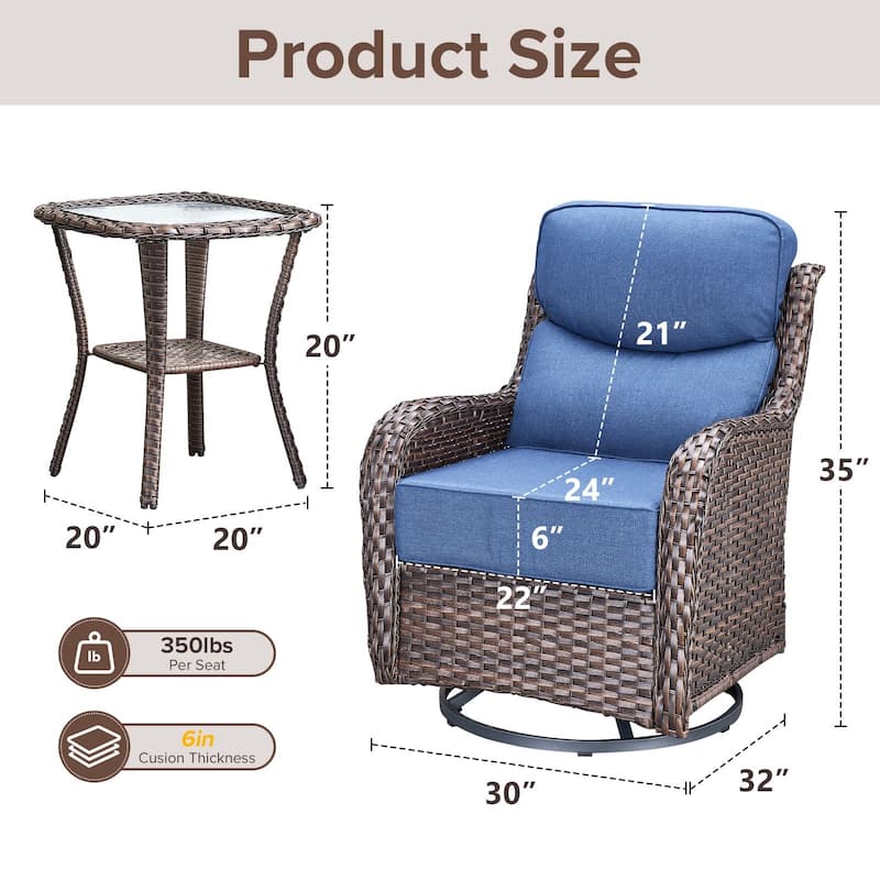 Gymojoy 3-Piece Patio Swivel Glider Chair Set with Side Table, 6-Inch Ultra-Plush Cushions & Water-Resistant Olefin Fabric