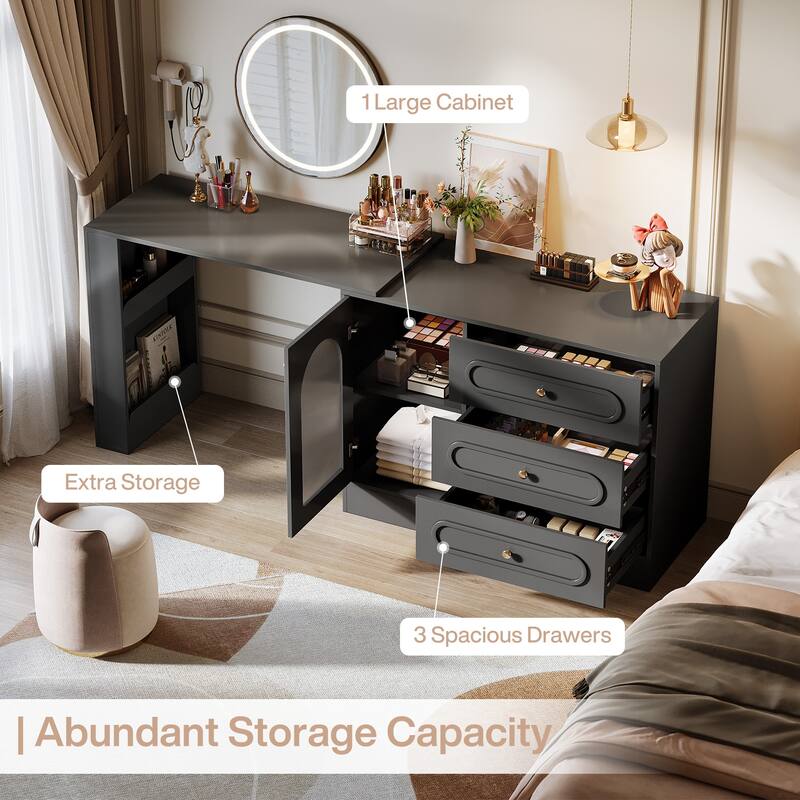 Modern 360° Rotatable Vanity Desk with 3 Drawers, White Corner Vanity