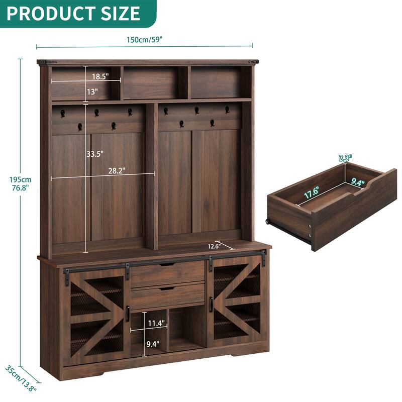 Moasis Farmhouse Hall Tree with Bench and Shoe Storage, 2 Drawers Coat Rack for Entyrway