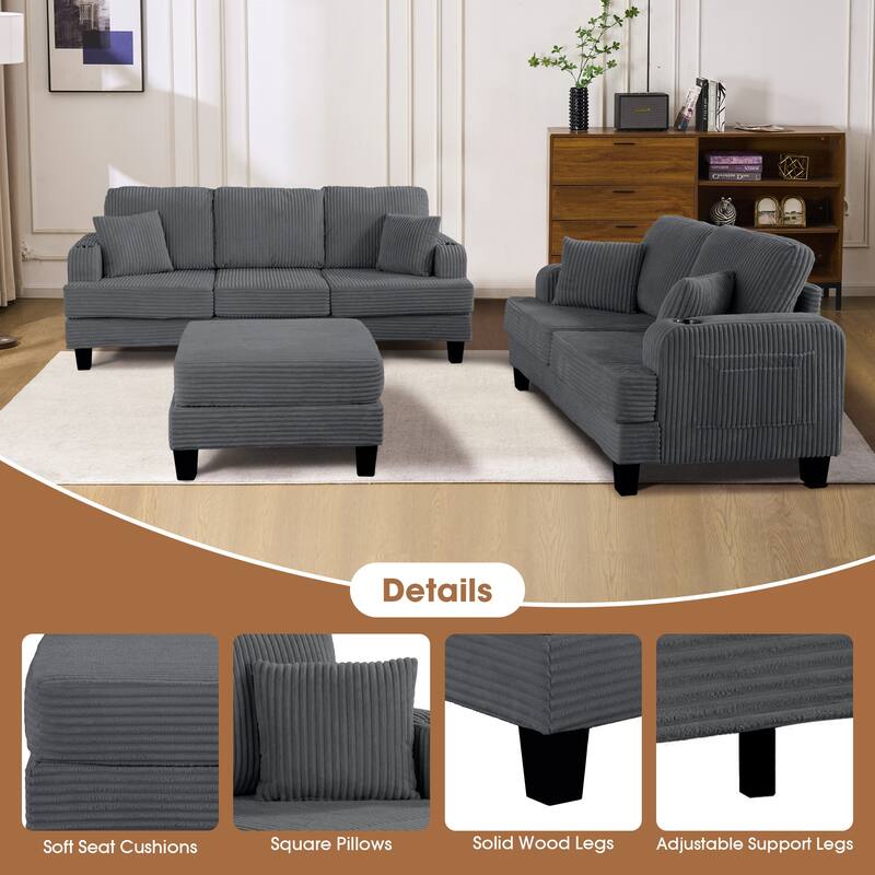 Modern Fabric 3-piece Sectional Sofa Set with Loveseat and Storage Ottoman