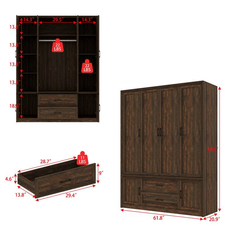 6 Doors Wardrobe Closet Armoire with Hanging Rail White/Brown Large Cabinet