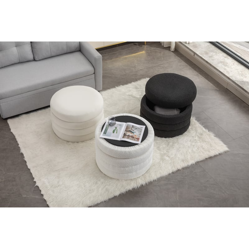 Round Storage Ottoman Footstool, Boucle Fabric Upholstered Vanity Stool, Small Ottomans Table with Removable Lid