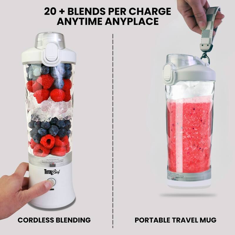 Total Chef Cordless Portable Blender, 20 oz (600 mL) Personal Blender, USB Rechargeable, White