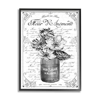 Stupell Anemone Flower French Text Fancy Floral Border Framed Wall Art, Design by Lettered and Lined - Grey