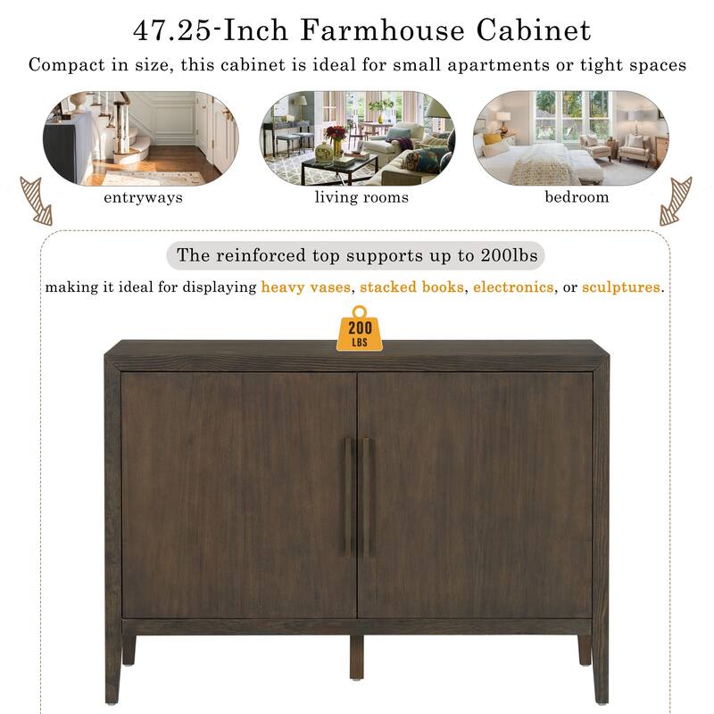 47.25"Sideboard with Pine Veneer and 2 Doors, Retro Buffet with Adjustable Feet, Wooden Storage Cabinet with Metal Handles