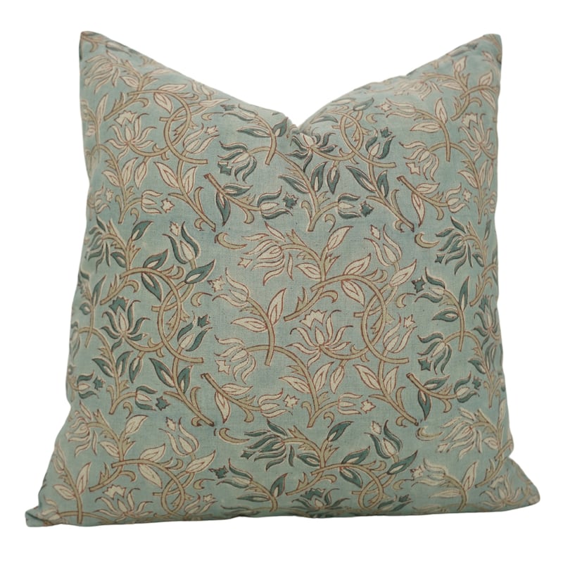 Fabdivine 12x20 Handmade Pure Linen Cushion Cover Floral Mustard Ideal for Sofa, Floral Block Print, Accent Décor, Bagru Buti - Pillow Covers - Kamal Dutta- Blue, Brown - 12" x 20"