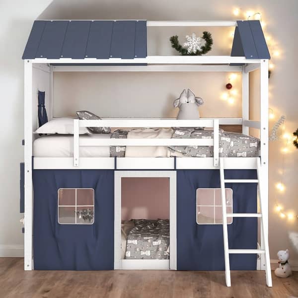 slide 2 of 34, Modren Full over Full Wood Bunk Bed House Bed With Elegant Windows,Sills and Tent For Bedroom Blue+White
