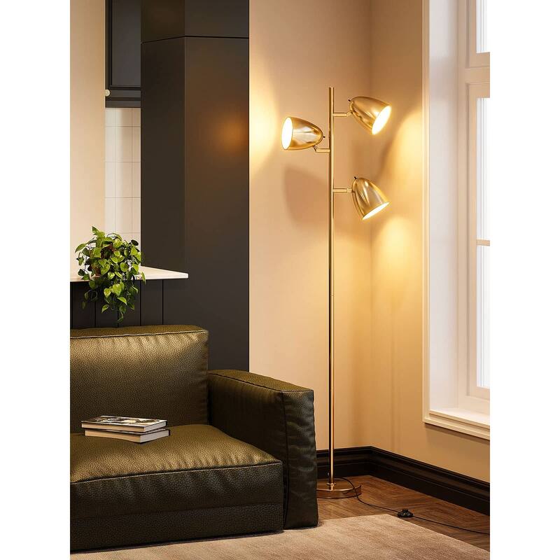 Tree Floor Lamp with 3 Adjustable Rotating Lights and Matching LED Bulbs, Standing Tall Pole Lamps - Gold