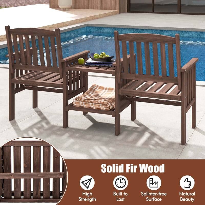 Costway Outdoor Fir Wood Loveseat with 2-Tier Side Table and 1.96" - See Details