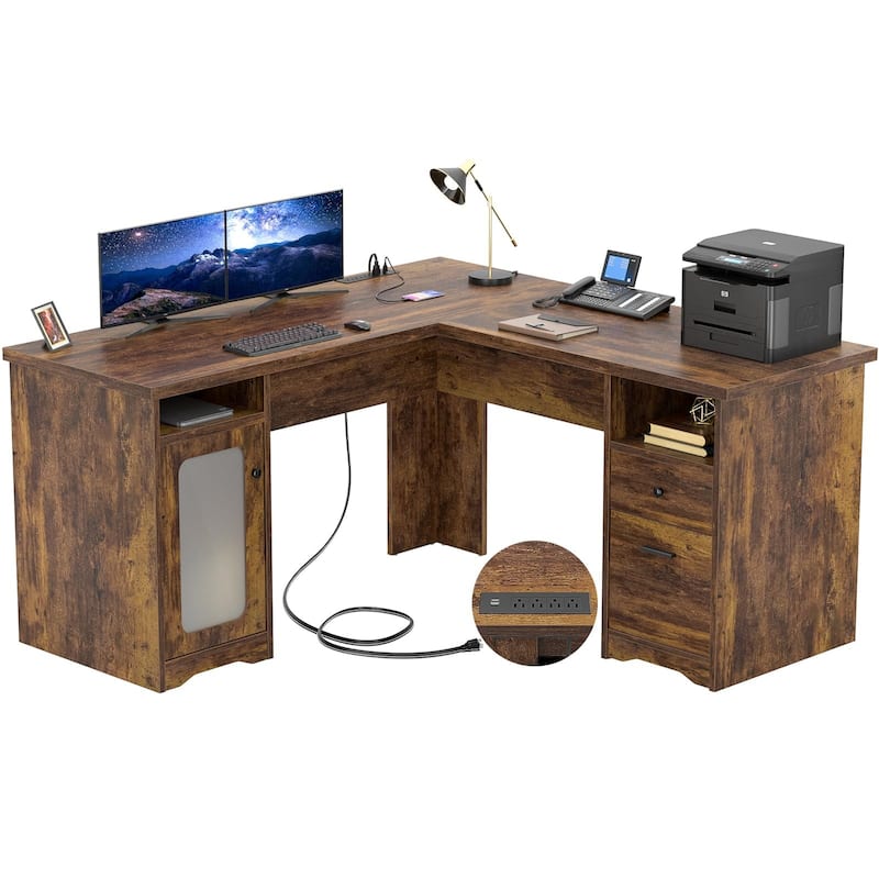 Modern Farmhouse L-Shape Desk with File Cabinet and Drawers, Homer Office Executive Desk with Charge Station
