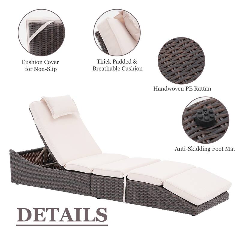 Patio Wicker Chaise Lounge Recliner Foldable Chair, w/ 5 Adjustable Back Positions & Cushion