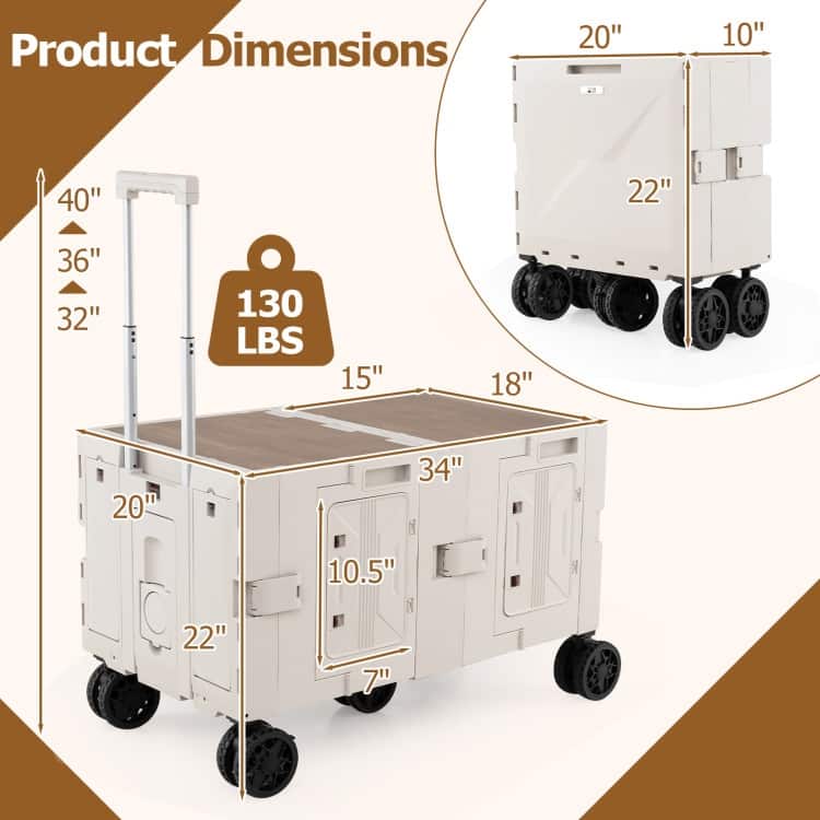 PP TPR MDF Metal Large Folding Utility Cart with Tabletop - 34" x 20" x 22"