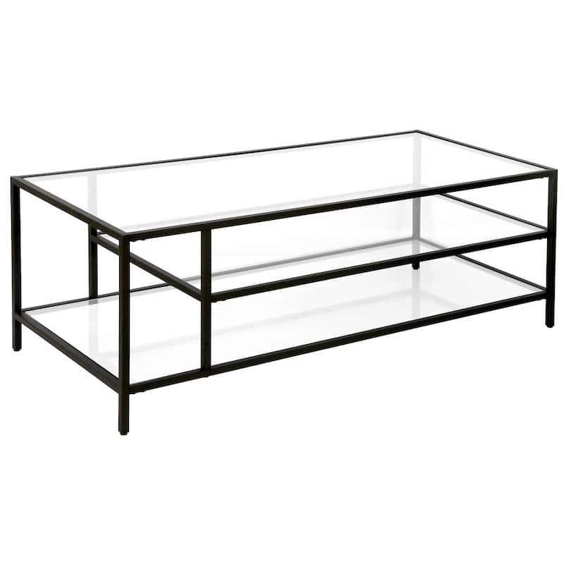 46 Inch Glass and Steel Coffee Table with Two Storage Shelves - 46” x 20” x 17” - Black-Clear